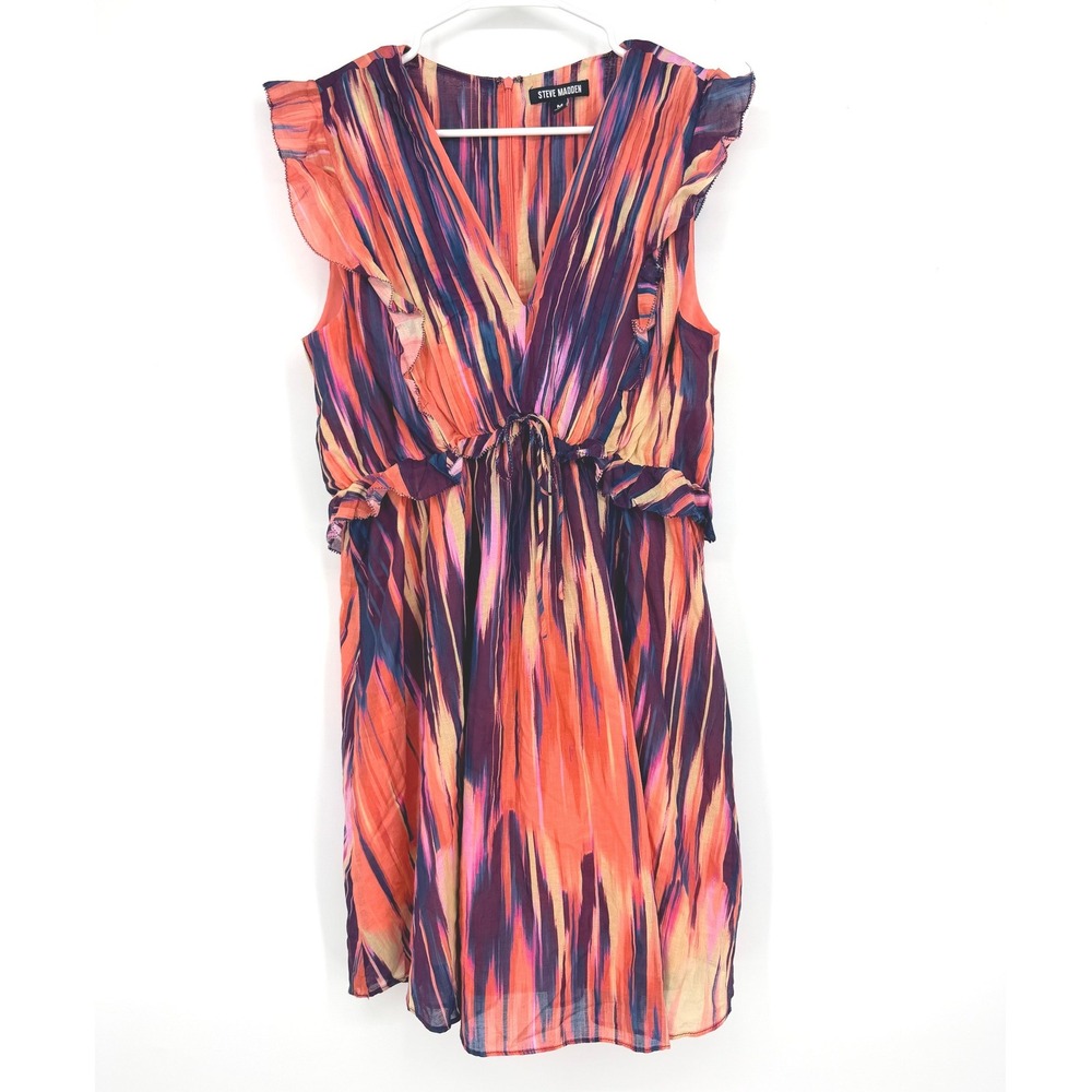 Steve Madden Womens Abstract Ikat Ruffle Mini Dress Orange Purple Medium